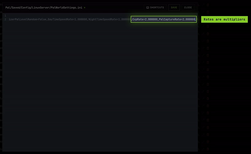 PalWorldSettings.ini in the editor with ExpRate and PalCaptureRate changed to 2.000000