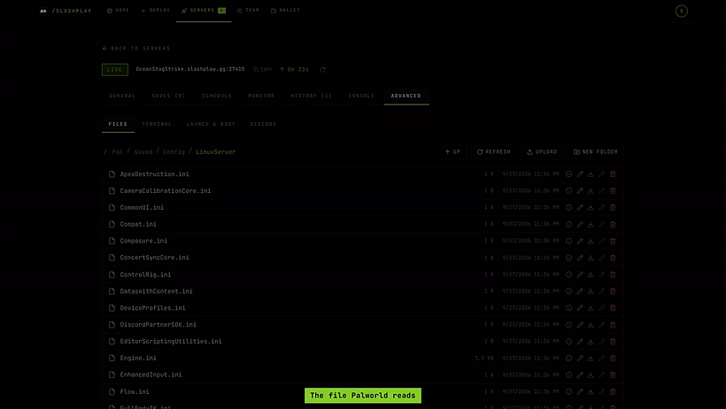 PalWorldSettings.ini in Pal/Saved/Config/LinuxServer in the file manager