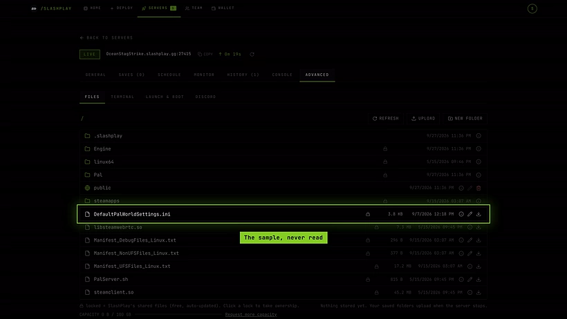 DefaultPalWorldSettings.ini in the server's top folder in the file manager