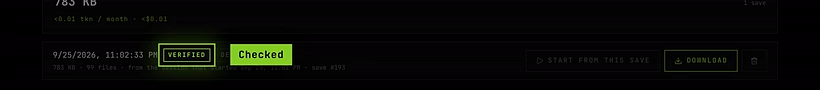 A new backup in the save list, marked VERIFIED