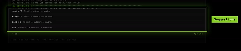 Typing sa in a Minecraft console lists say, save-all, save-on and save-off, each with a short description