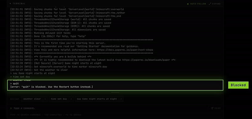 The console after typing quit: the error says "quit" is blocked and to use the Restart button instead