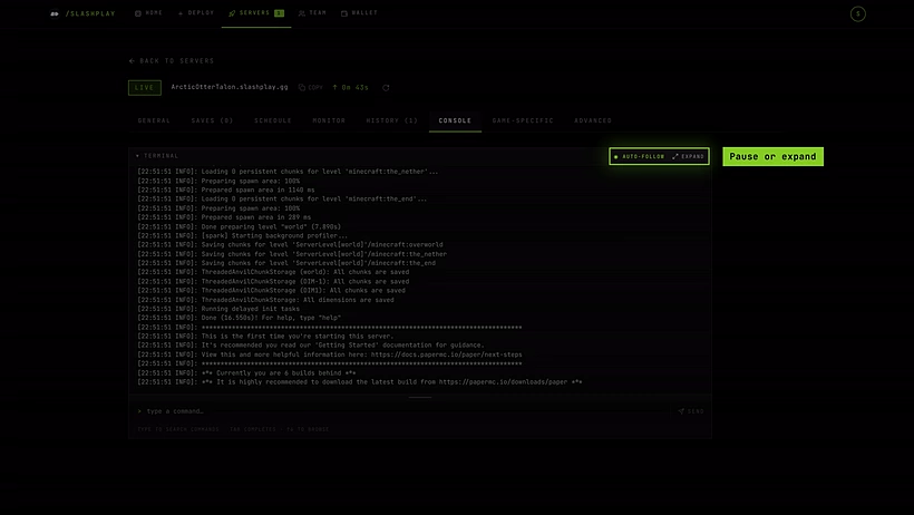 The Console tab of a live Minecraft server, with the live output and the Auto-follow and Expand buttons above it