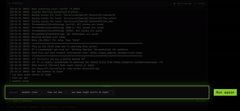 The Recent row above the console input with three commands that were run on this server