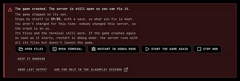 The crash box on a CS2 server page: the game stopped on its own, a 30 minute countdown, a line saying this time isn't charged, and buttons to open files, open the terminal, restart in debug mode, start the game again, stop now or keep it running