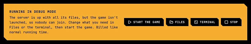 The yellow debug mode bar saying Running in debug mode, with Start the game, Files, Terminal and Stop buttons