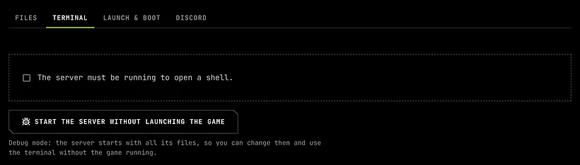 The Terminal tab of a stopped server: the server must be running to open a shell, with a Start the server without launching the game button under it