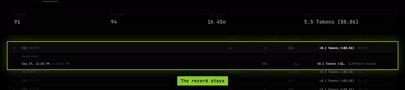 The team log with a deleted CS2 server expanded to show its session