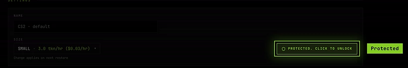 The Settings section of the General tab with Protected. Click to unlock turned on