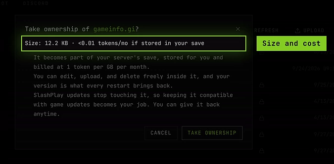 The Take ownership window for gameinfo.gi, showing its size, the monthly storage cost and what changes