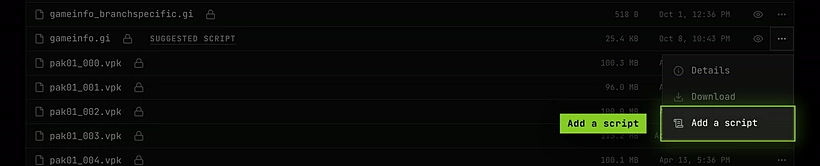 The More actions menu of gameinfo.gi in the file manager, with Add a script under Details and Download