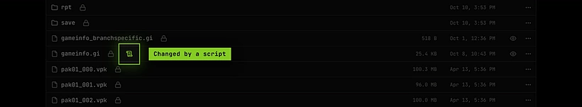 gameinfo.gi in the file manager with a lit script icon next to its padlock