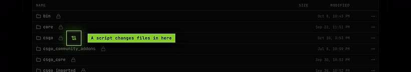 The game folder in the file manager: the csgo folder has a lit script icon, the other folders don't