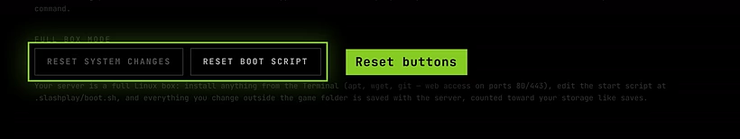 The Full Box mode panel on the Launch & Boot tab with the Reset system changes and Reset boot script buttons