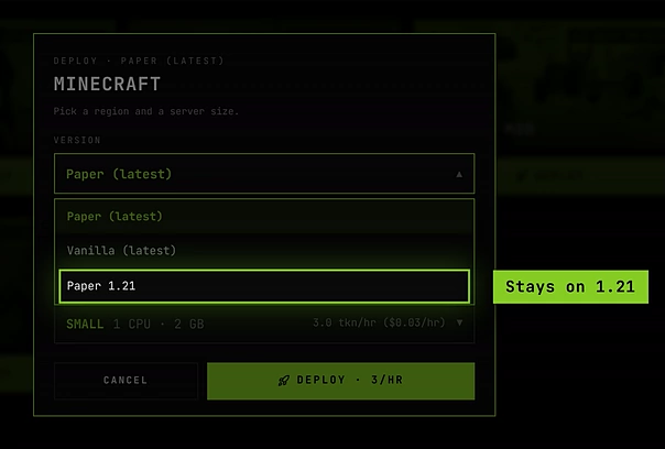The Minecraft deploy window with the Version list open: Paper (latest), Vanilla (latest) and Paper 1.21