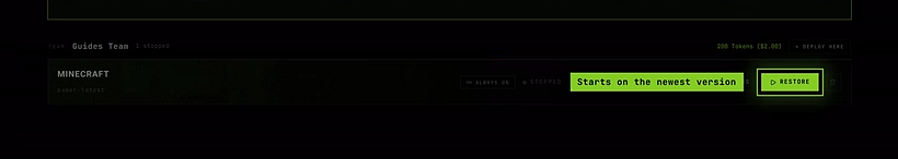A stopped Minecraft server on the Servers list with its Restore button