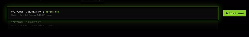 The History tab with two runs, the newest marked Active now