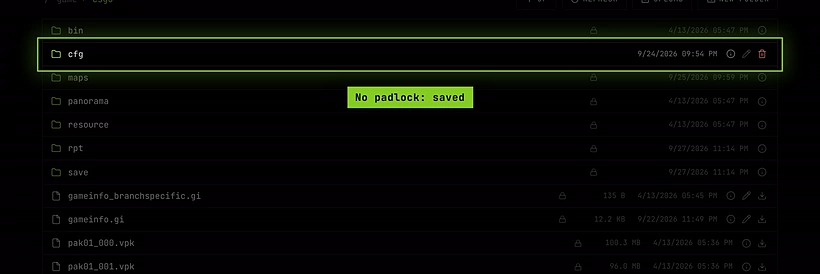 The CS2 game/csgo folder in the file manager: cfg has no padlock, maps and the game files have a closed padlock