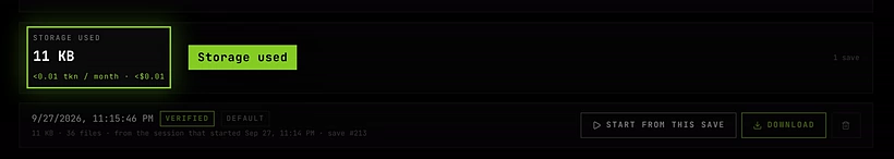 The Storage used panel on the Saves tab of a CS2 server showing 11 KB