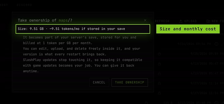 The Take ownership window for the maps folder, showing its size and monthly cost