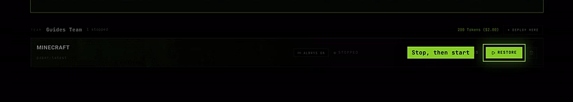 A stopped Minecraft server on the Servers list with its Restore button
