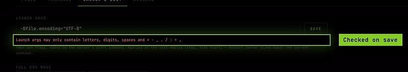The Launch args field with a quoted value and the red message under it saying which characters are allowed