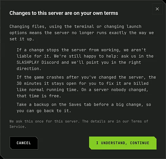 The Changes to this server are on your own terms window, with Cancel and I understand, continue buttons