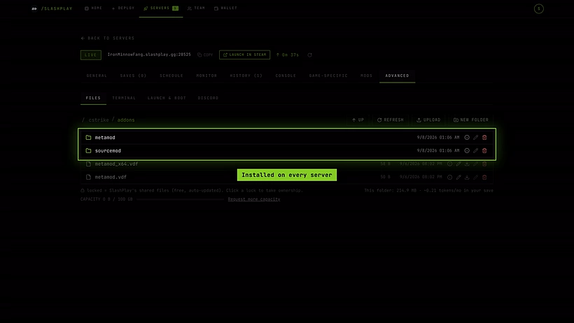 The cstrike/addons folder in the file manager with the metamod and sourcemod folders that come installed