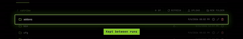The cstrike folder in the file manager: the addons folder has no padlock, so it's kept between runs