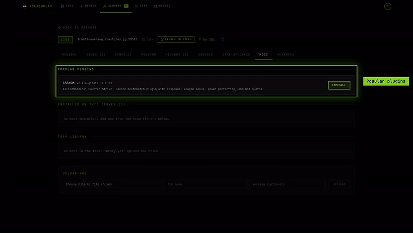The Mods tab of a Counter-Strike: Source server with Popular plugins, Installed on this server, Team library and Upload mod