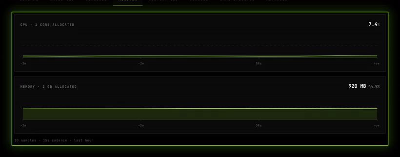 The Monitor tab with the CPU and memory charts of a live CS2 server