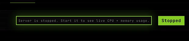 The Monitor tab of a stopped server with the message Server is stopped. Start it to see live CPU + memory usage.