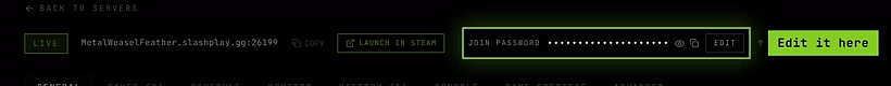 The server header with the masked join password and its Edit button next to the address