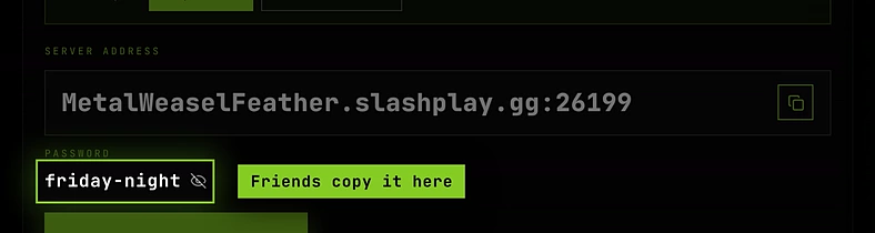 A friend's invite page showing the server address, the password and Copy connect