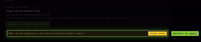 The Password section turned on, with the notice to restart and a Restart server button