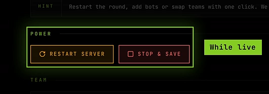 The Power section of the General tab with Restart server and Stop & Save