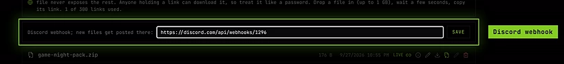 The Discord webhook line in the public folder with a webhook URL pasted and the Save button