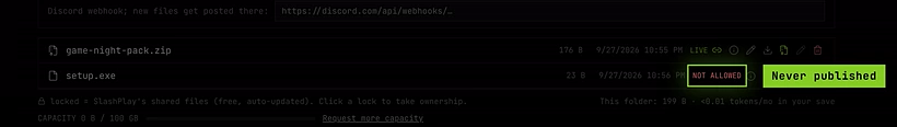 Two files in the public folder: a zip marked LIVE and an installer marked NOT ALLOWED