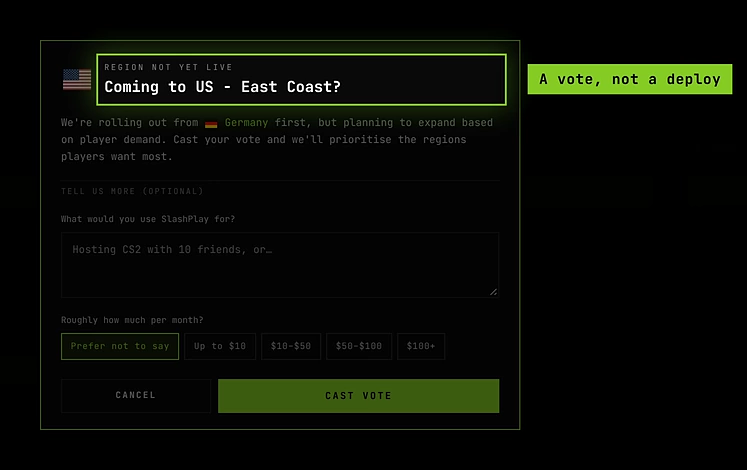 The Region not yet live window for US - East Coast, with the optional questions and Cast vote