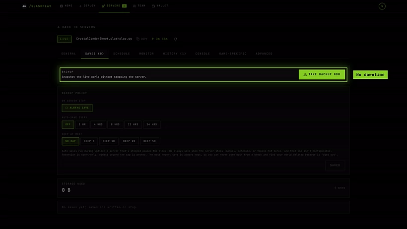 The Saves tab: Backup, Backup policy, Storage used and the save list