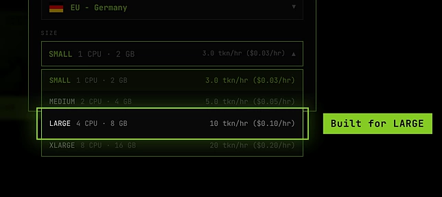 The size list in the Palworld deploy window: SMALL 3, MEDIUM 5, LARGE 10 and XLARGE 20 tokens an hour