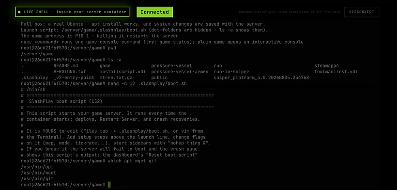 A live shell in a CS2 server: the status line says Live shell and the terminal shows the start of .slashplay/boot.sh