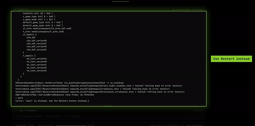 The console showing the error: "quit" is blocked. Use the Restart button instead.