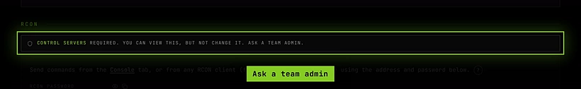 A teammate's view of a server page with the message Control servers required. You can view this, but not change it. Ask a team admin.
