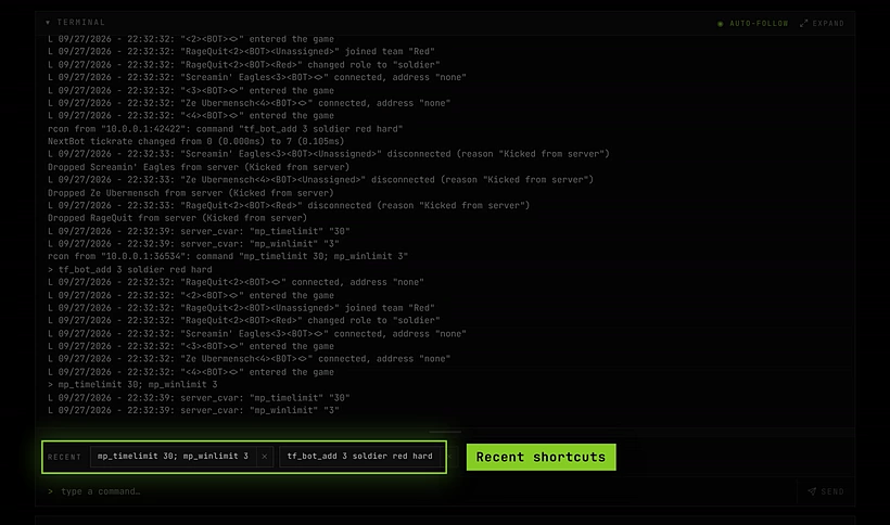 The Console tab after mp_timelimit 30; mp_winlimit 3, with both commands under Recent