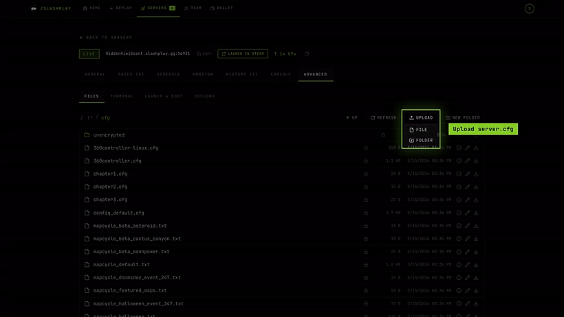 The tf/cfg folder in the file manager with the Upload menu open: File or Folder