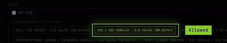 ANY GAME unticked and CS2 Vanilla picked in the allowed games list