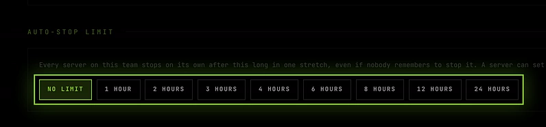 The Auto-stop limit options on a team's Settings tab