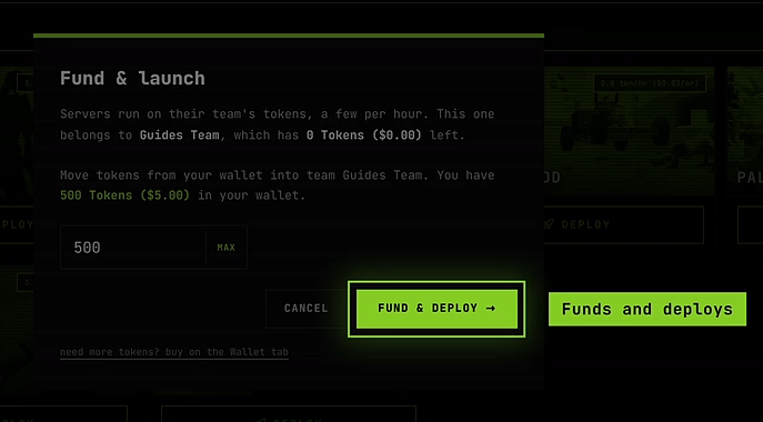 The Fund & launch window: the team has 0 tokens, the amount is filled with the whole wallet, and Fund & Deploy