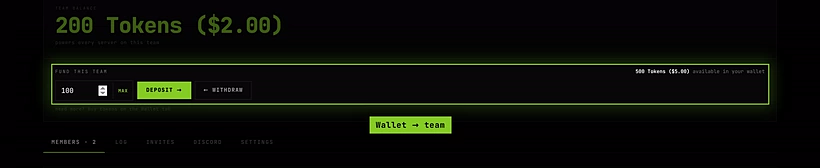The Fund this team box on the Team tab, with 100 tokens typed in next to Deposit